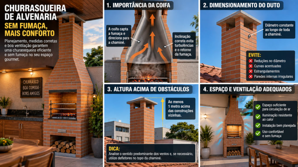 Morador constrói churrasqueira de alvenaria sem deixar espaço adequado e descobre um detalhe que pode dificultar a ventilação e comprometer a saída da fumaça durante o uso