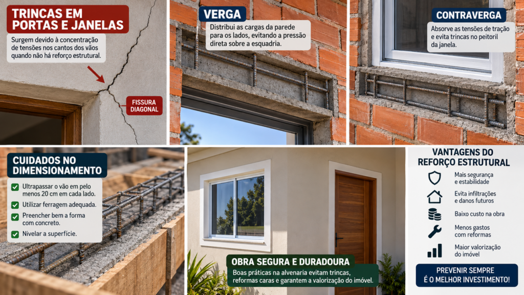 Trincas perto de portas e janelas podem surgir por um detalhe ignorado durante a obra: falta de reforço adequado na alvenaria concentra tensões nesses pontos, enquanto técnicas simples de execução ajudam a evitar fissuras que comprometem o acabamento