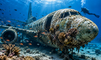 Avião antigo é afundado de propósito no mar e, alguns anos depois, sua estrutura vira abrigo para corais, polvos, esponjas e muitos peixes