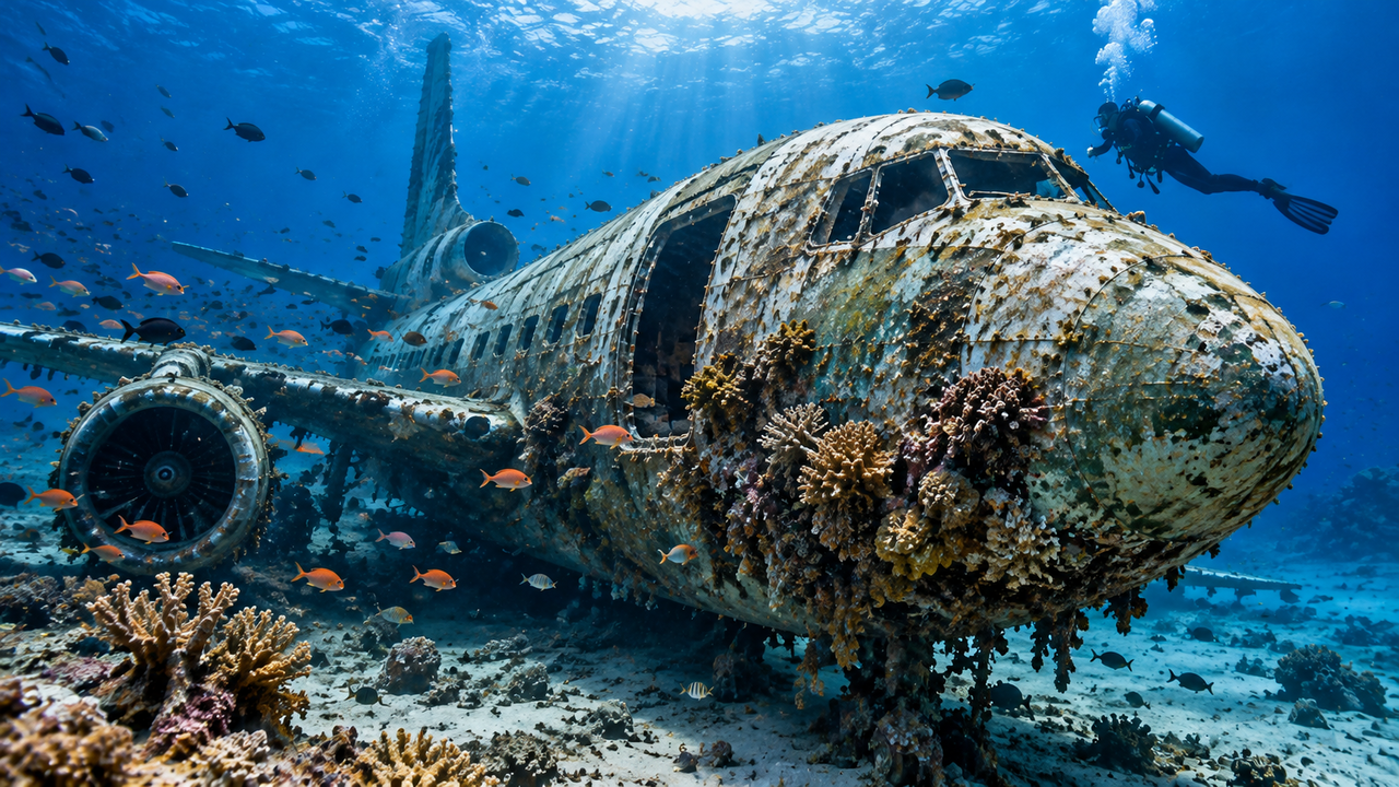 Avião antigo é afundado de propósito no mar e, alguns anos depois, sua estrutura vira abrigo para corais, polvos, esponjas e muitos peixes