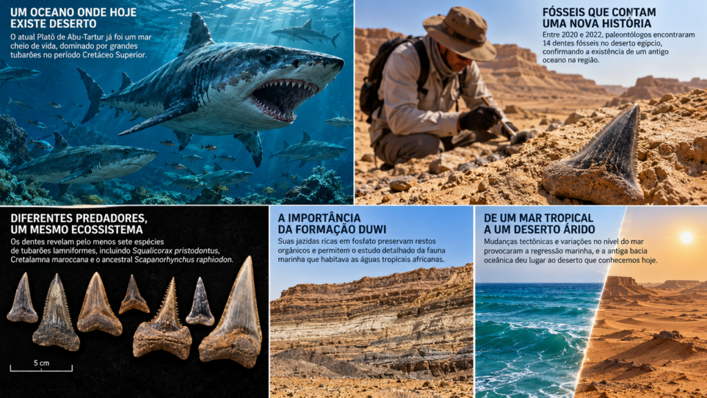 Deserto do Egito já foi um mar cheio de tubarões e 14 dentes fósseis encontrados no local ajudam a revelar como era esse antigo oceano