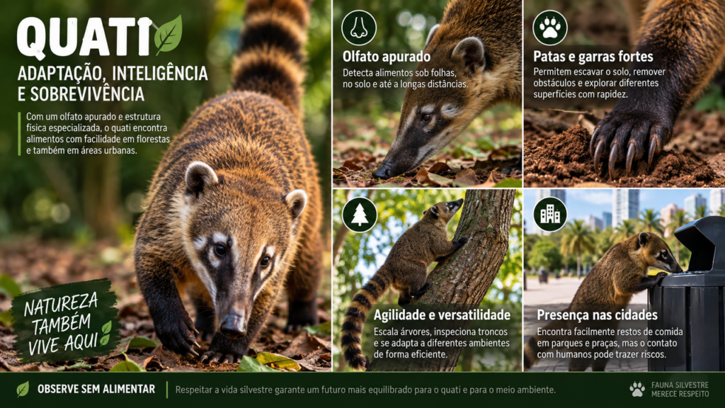 Patas fortes e olfato apurado dão ao quati uma habilidade curiosa para encontrar alimentos onde parece difícil