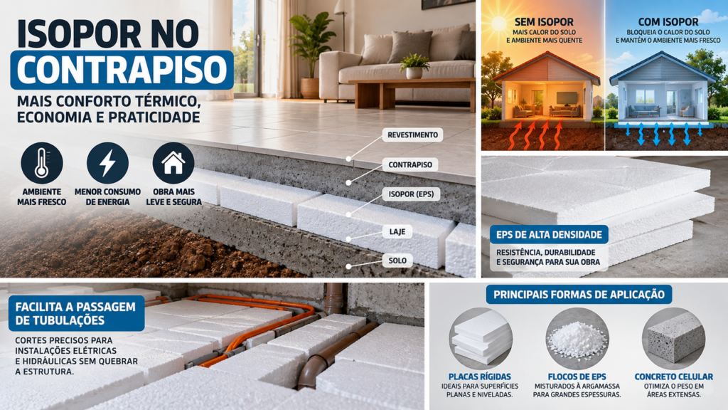Material barato e fácil de encontrar ganha função surpreendente durante a construção da casa: o isopor instalado sob o contrapiso forma uma camada térmica que ajuda a diminuir o calor transmitido pelo chão