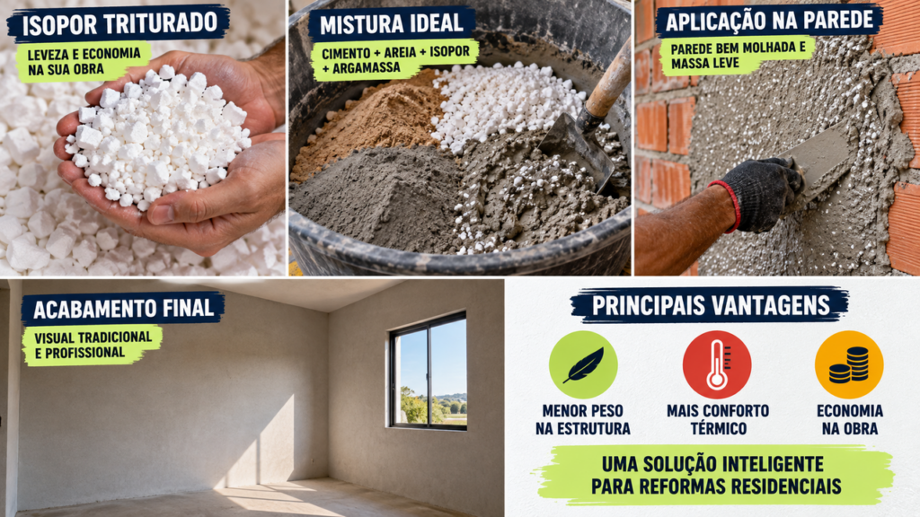 Economize na obra rebocando com isopor triturado: técnica ensinada deixa a parede mais leve, ajuda no conforto térmico e pode facilitar a reforma da casa