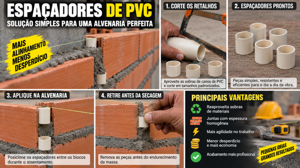 Pedreiro revela truque com pedaços de cano PVC que iriam para o lixo: espaçadores caseiros ajudam a deixar todas as juntas dos blocos iguais e facilitam muito o assentamento da parede