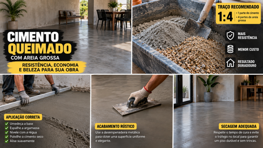 Nem cimento puro nem acabamento caro: misturar areia grossa no cimento queimado pode deixar o piso mais resistente e criar aquele visual rústico que transforma a casa