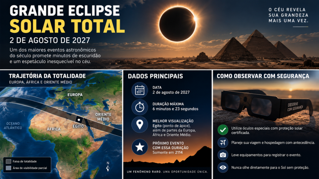 Na escuridão do meio-dia: o eclipse solar total que fará o dia virar noite por mais de 6 minutos e não repetirá esse espetáculo raro antes de 2114