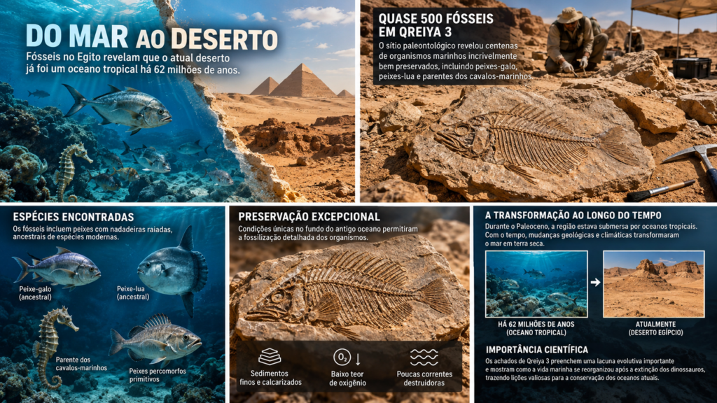 Quase 500 peixes fossilizados por 62 milhões de anos aparecem no deserto do Egito e revelam um antigo oceano formado pouco depois do fim dos dinossauros
