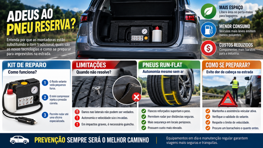O item que por décadas ficou no porta-malas está desaparecendo: carros modernos usam novas soluções para pneus furados e motorista precisa conhecer os limites antes de viajar