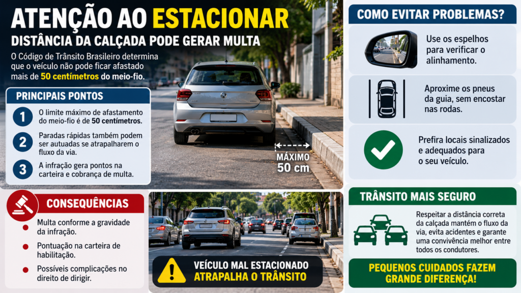 Você pode estar estacionando errado sem perceber: a distância do carro para o meio-fio pode render multa e pontos na CNH mesmo durante uma parada rápida