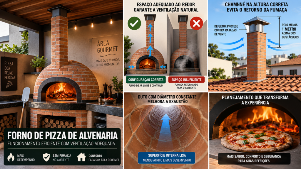 Forno de pizza de alvenaria parece pronto, mas um erro no espaço ao redor pode comprometer a ventilação e encher a área gourmet de fumaça