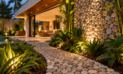 Nem piso liso nem acabamento comum: seixos naturais transformam paredes, pisos e jardins com textura sofisticada e um visual que aproxima a casa da natureza