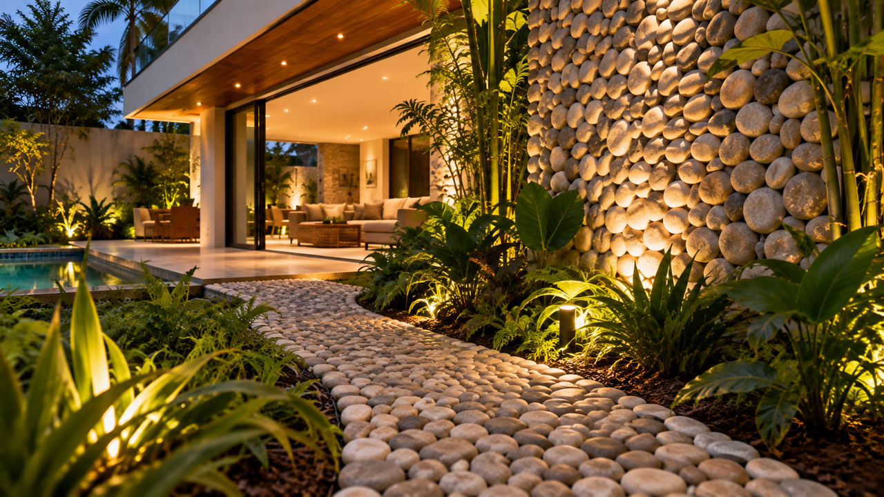 Nem piso liso nem acabamento comum: seixos naturais transformam paredes, pisos e jardins com textura sofisticada e um visual que aproxima a casa da natureza