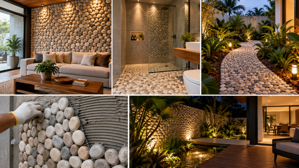 Nem piso liso nem acabamento comum: seixos naturais transformam paredes, pisos e jardins com textura sofisticada e um visual que aproxima a casa da natureza