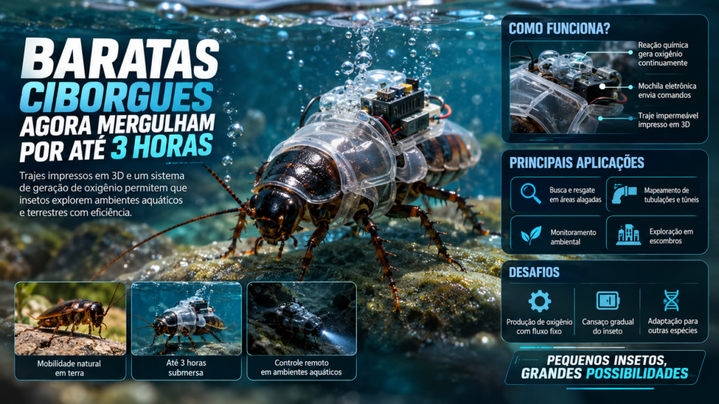 Baratas ciborgues ganham trajes de mergulho impressos em 3D e conseguem permanecer submersas por até três horas em testes científicos