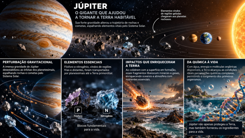 O papel inesperado de Júpiter na origem da vida: gigante gasoso pode ter ajudado a levar elementos essenciais até a Terra