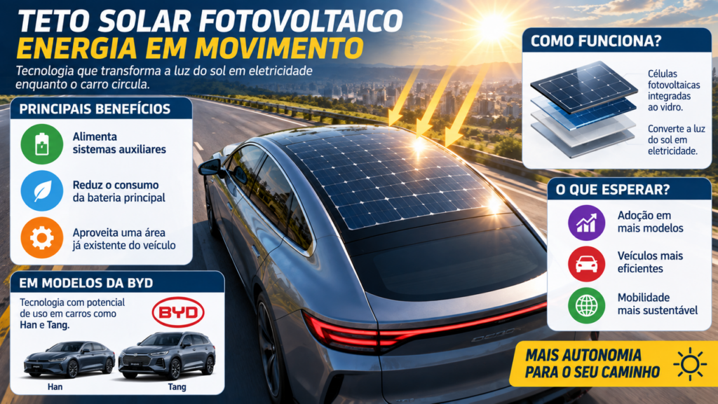 Carros elétricos podem ganhar uma tecnologia capaz de transformar o teto em fonte de energia e aproveitar o sol enquanto o veículo está em movimento