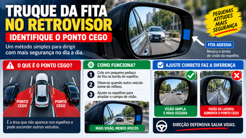 Motoristas acima dos 60 anos estão usando um truque simples com fita no retrovisor para enxergar um detalhe que pode evitar acidentes na mudança de faixa
