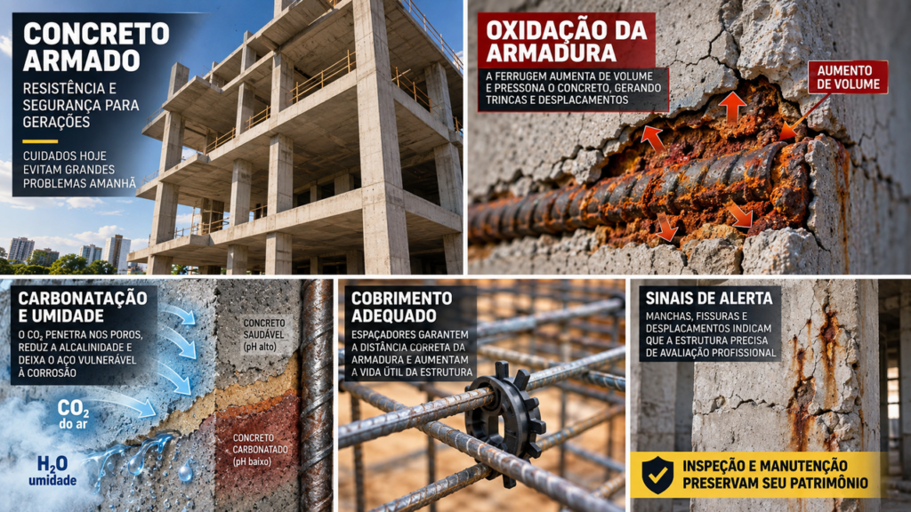 A ferragem que ninguém vê pode estar destruindo o concreto por dentro: entenda o processo silencioso que pode atingir pilares, vigas e colunas da casa