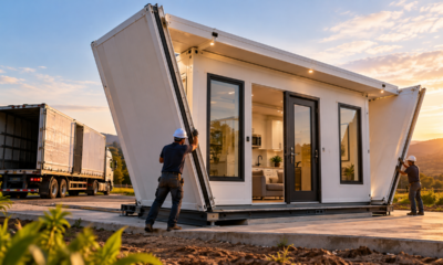 Casa de 35 m² viaja dobrada em um caminhão e, ao chegar ao terreno, se transforma em uma residência completa em poucas horas