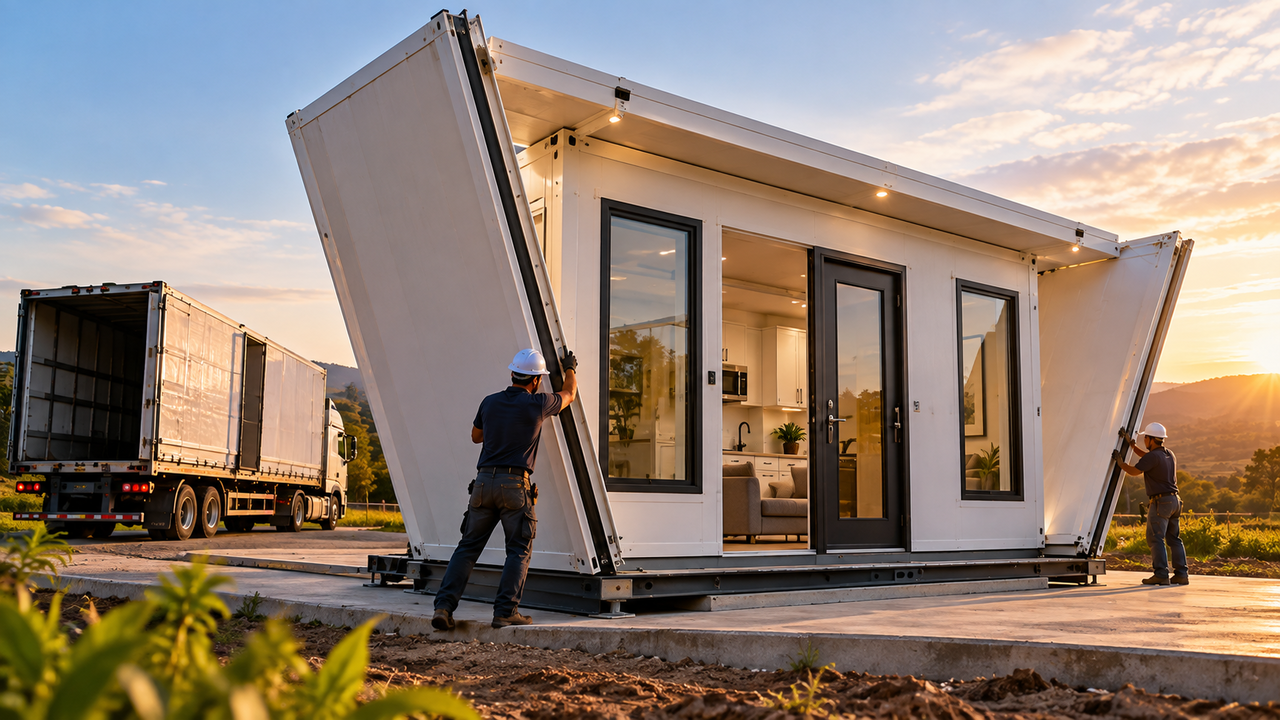 Casa de 35 m² viaja dobrada em um caminhão e, ao chegar ao terreno, se transforma em uma residência completa em poucas horas