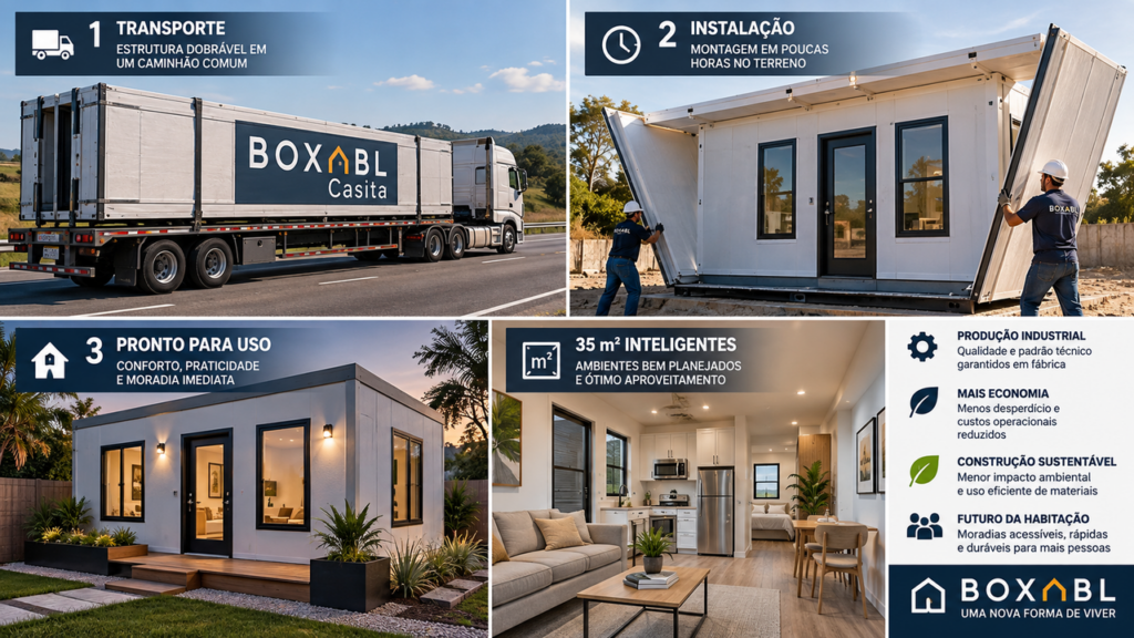 Casa de 35 m² viaja dobrada em um caminhão e, ao chegar ao terreno, se transforma em uma residência completa em poucas horas