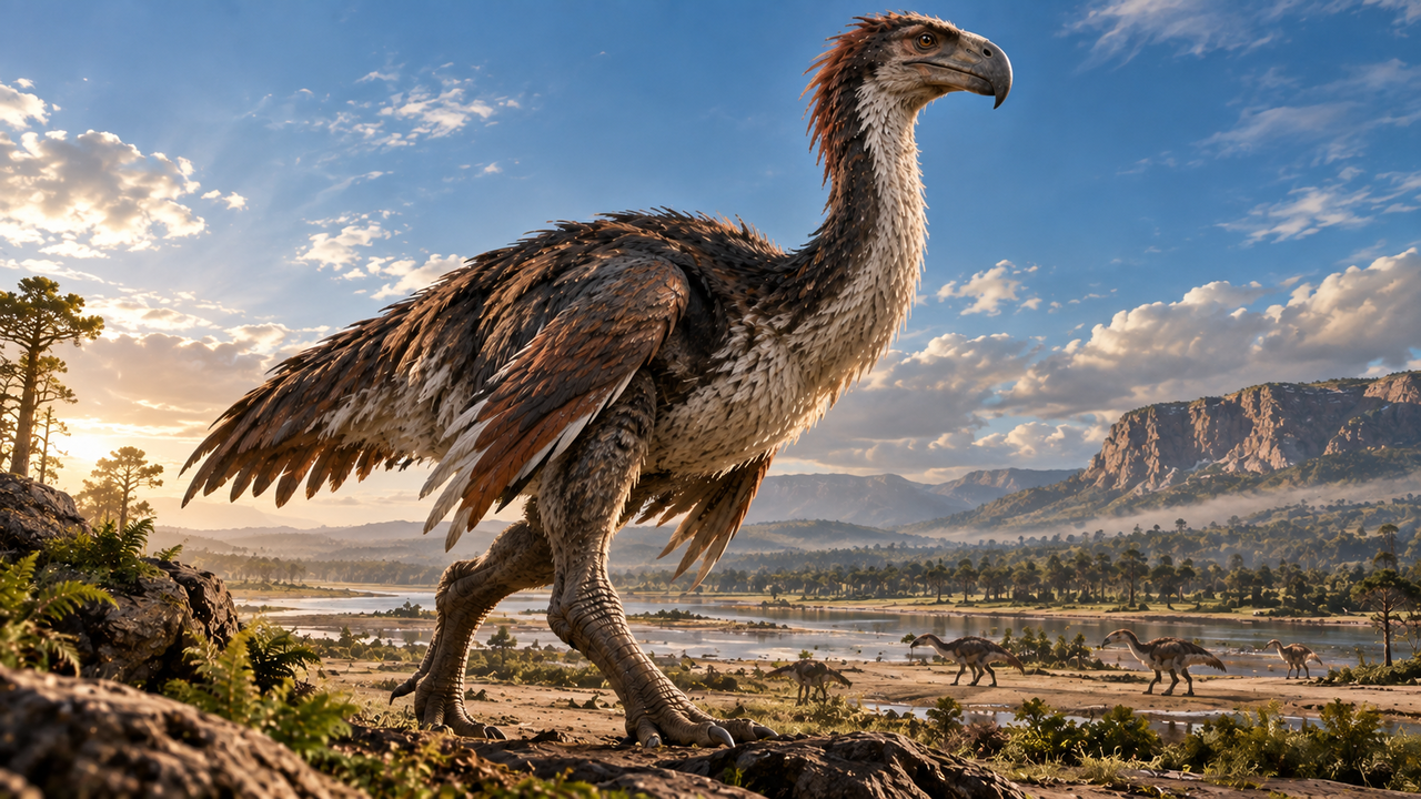 Criatura de 8 metros com penas desafia o que se imaginava sobre dinossauros: fóssil revela um animal gigante com aparência surpreendente