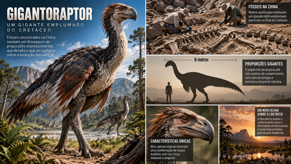 Criatura de 8 metros com penas desafia o que se imaginava sobre dinossauros: fóssil revela um animal gigante com aparência surpreendente