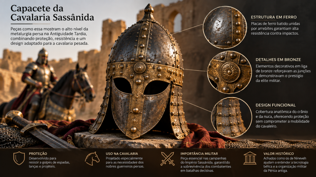 Um antigo capacete persa encontrado no Oriente Médio revela como guerreiros da cavalaria enfrentavam batalhas usando uma proteção de metal sofisticada