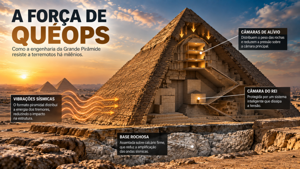 A Grande Pirâmide de Quéops sobreviveu a terremotos durante milênios, e cientistas encontraram na estrutura um detalhe que ajuda a explicar sua resistência