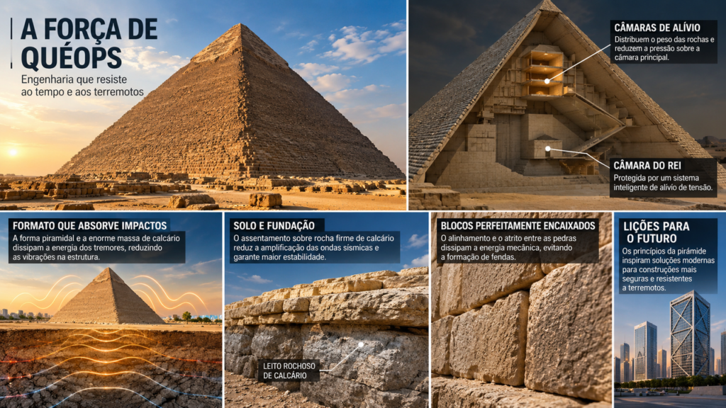 A Grande Pirâmide de Quéops sobreviveu a terremotos durante milênios, e cientistas encontraram na estrutura um detalhe que ajuda a explicar sua resistência