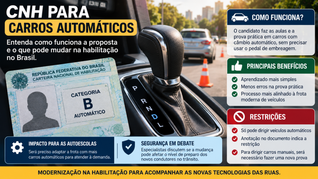 CNH para carros automáticos pode mudar a prova prática no Brasil e criar uma restrição para quem não dirigir veículos manuais