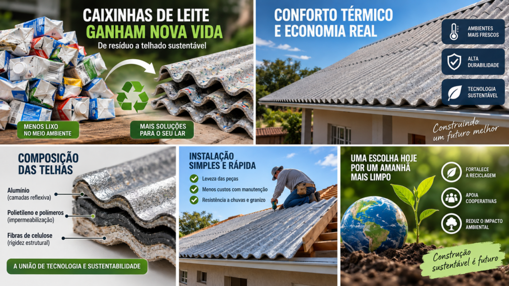 Nem fibrocimento nem telha comum: caixinhas de leite recicladas viram uma cobertura resistente que pode reduzir o calor dentro de casa