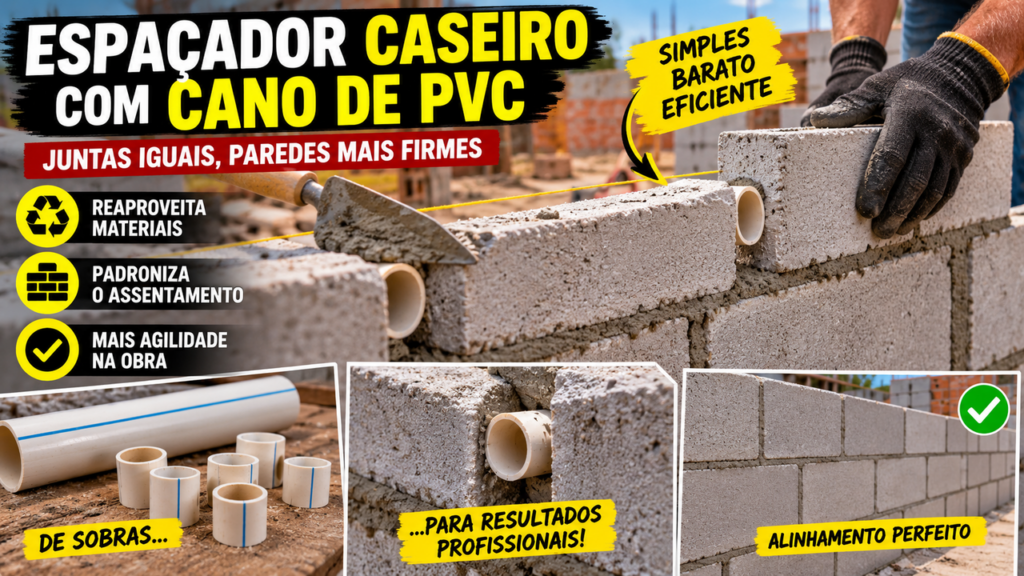 Pedreiros estão reaproveitando pedaços de cano PVC de um jeito curioso para manter as juntas dos blocos uniformes e agilizar a obra