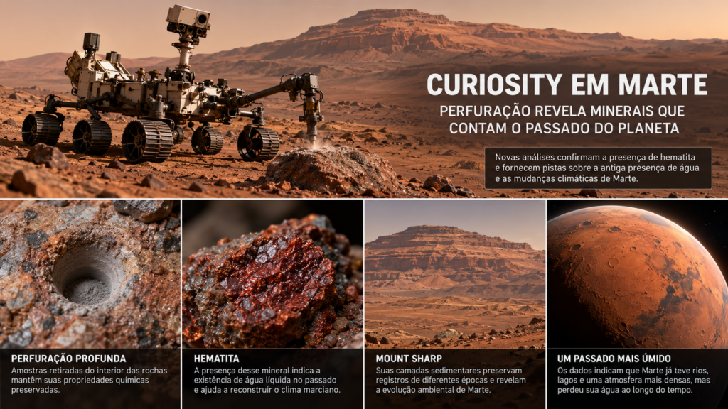 Rover Curiosity rompe rocha em Marte e encontra mineral preservado que guarda pistas sobre a água e as mudanças climáticas do planeta vermelho há bilhões de anos