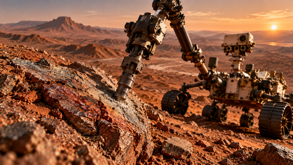Rover Curiosity rompe rocha em Marte e encontra mineral preservado que guarda pistas sobre a água e as mudanças climáticas do planeta vermelho há bilhões de anos