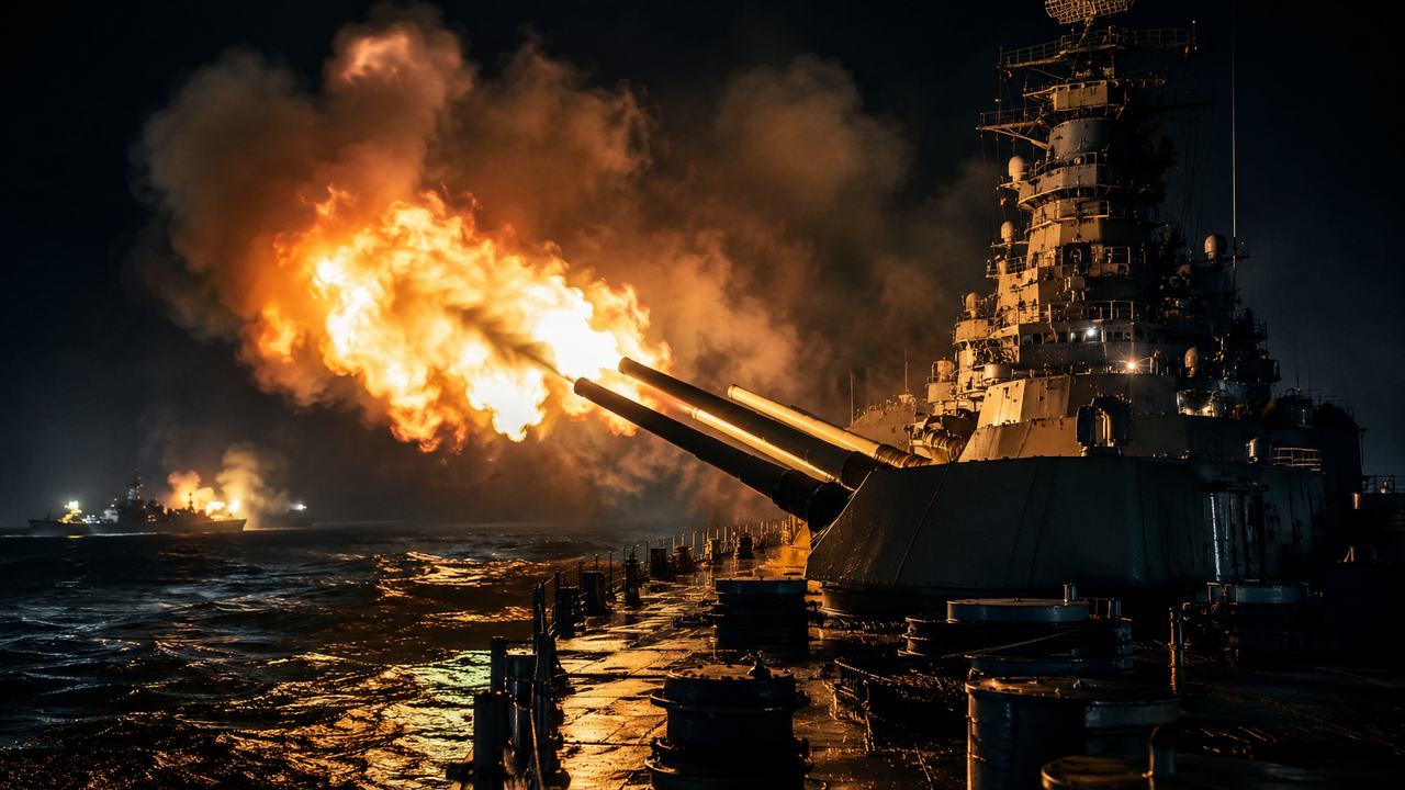 O South Dakota realizou dois ou três salvos contra um navio japonês antes de concentrar o fogo no Kirishima, contra o qual disparou cinco salvos até perder o controle dos sistemas de direção de tiro