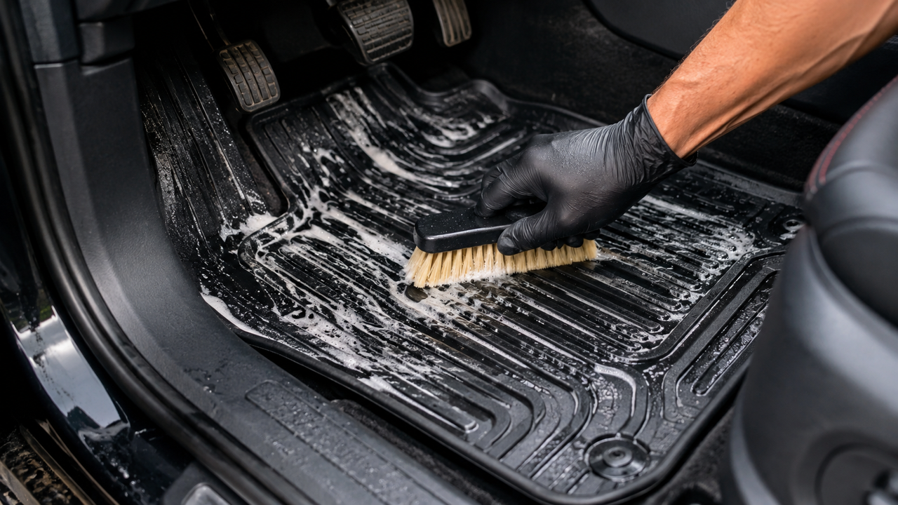 Profissional de detalhamento automotivo ensina como limpar os tapetes de borracha do carro e remover sujeira acumulada com técnica de escovação sem deixar o material opaco