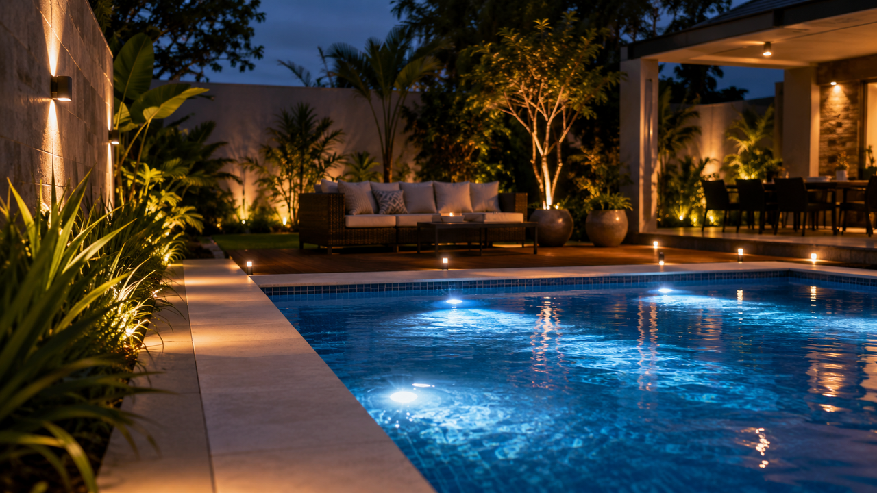 Especialista em iluminação externa ensina como iluminar a área da piscina com luminárias adequadas e escolher modelos seguros para ambientes úmidos