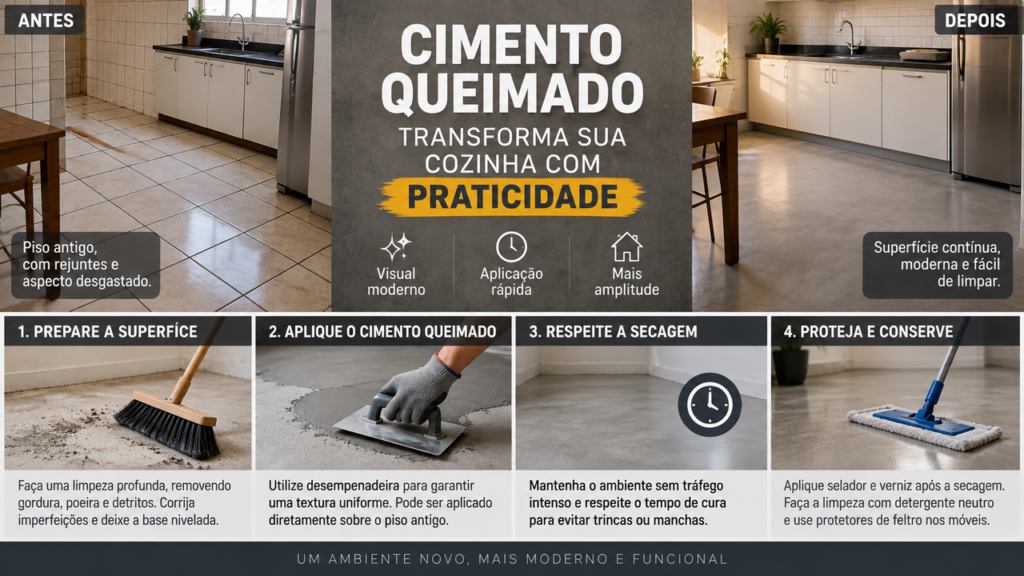 Cozinha antiga ganha outra aparência com cimento queimado e mostra como uma reforma pode transformar completamente o ambiente sem quebra-quebra
