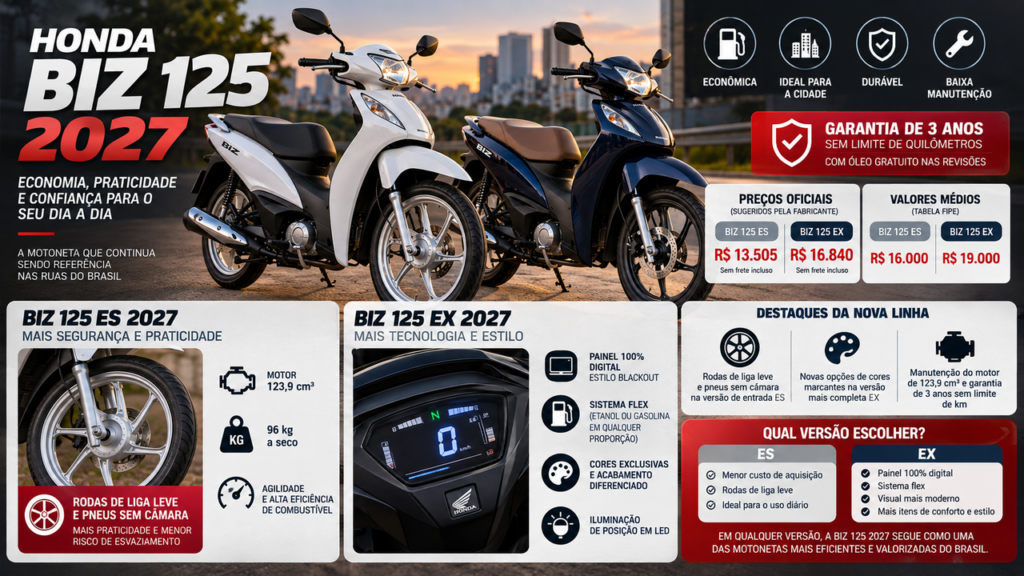 Honda Biz 125 2027 chega com novidades e preços que podem surpreender quem procura uma moto econômica para trabalhar e usar todos os dias
