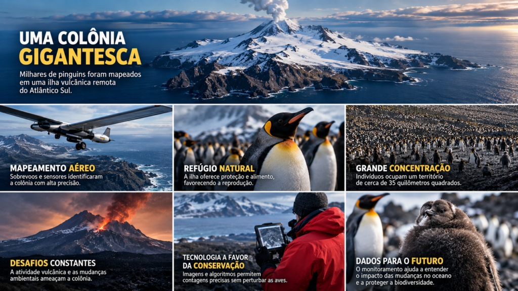 Sonda enviada para uma ilha vulcânica encontra uma colônia enorme de pinguins reunida em uma área de 35 quilômetros quadrados