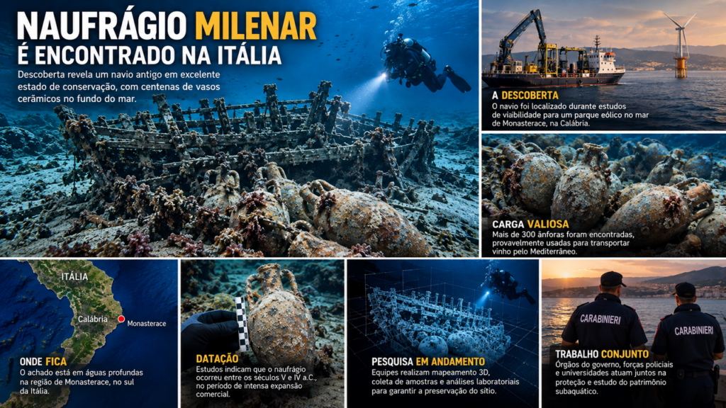 Naufrágio de mais de 2.000 anos é encontrado no mar e centenas de ânforas preservadas revelam um detalhe surpreendente do comércio antigo