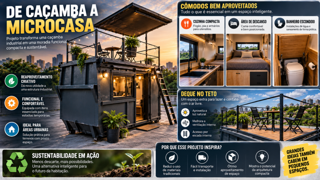 Ele comprou uma simples caçamba de lixo e fez uma transformação impressionante: por dentro, ela virou uma pequena casa completa com cozinha, cama e até banheiro
