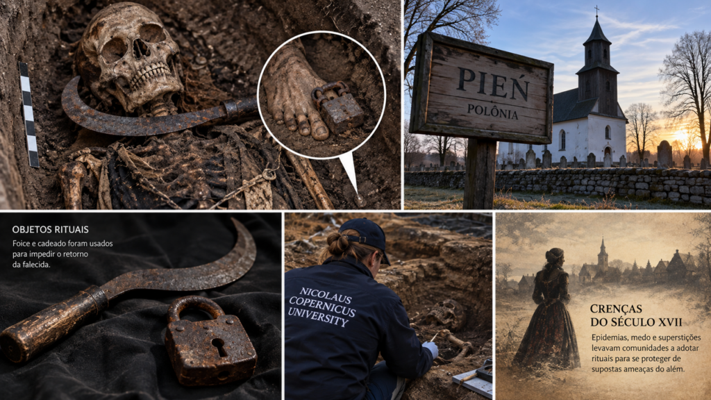 Jovem foi enterrada com uma foice sobre o pescoço e um cadeado no pé, e arqueólogos descobriram o motivo desse ritual
