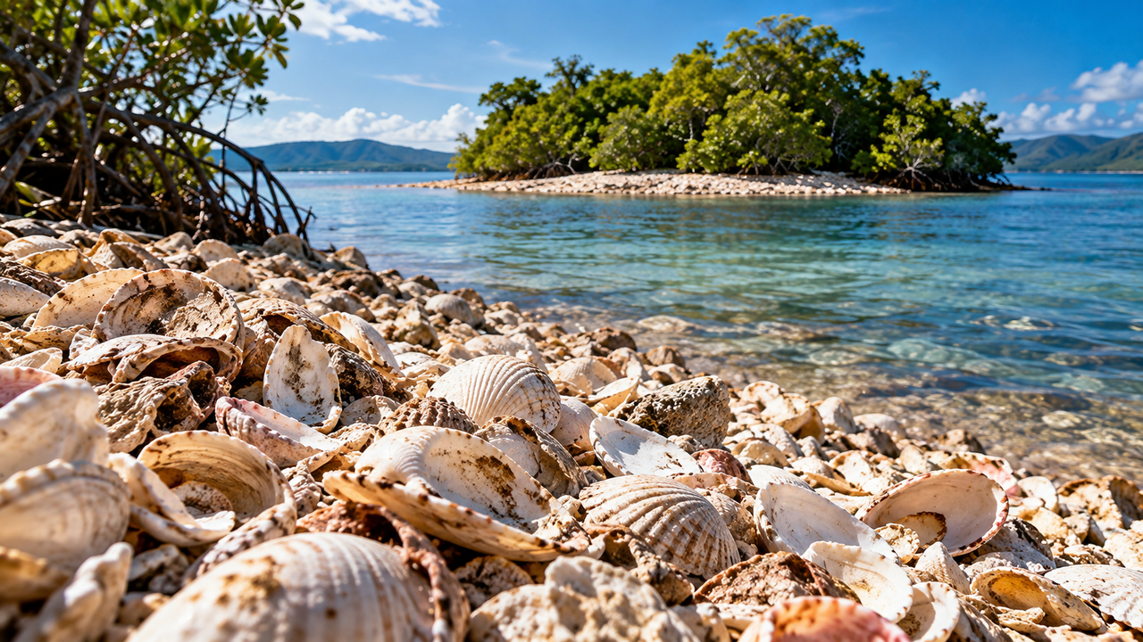 Parece uma ilha comum cercada pela natureza, mas cientistas descobriram que seus 3 mil metros quadrados foram formados por toneladas de conchas acumuladas durante séculos