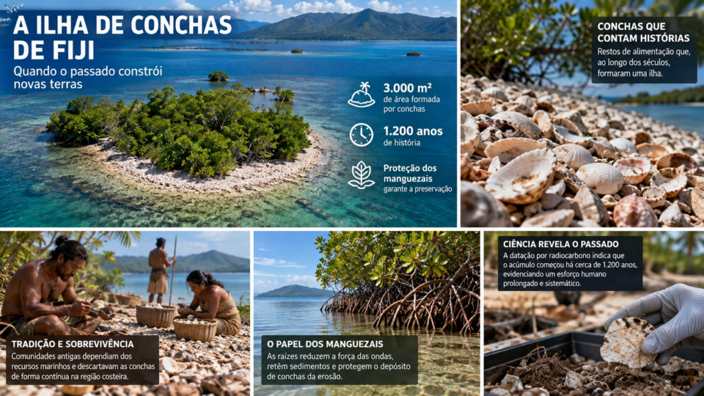 Parece uma ilha comum cercada pela natureza, mas cientistas descobriram que seus 3 mil metros quadrados foram formados por toneladas de conchas acumuladas durante séculos