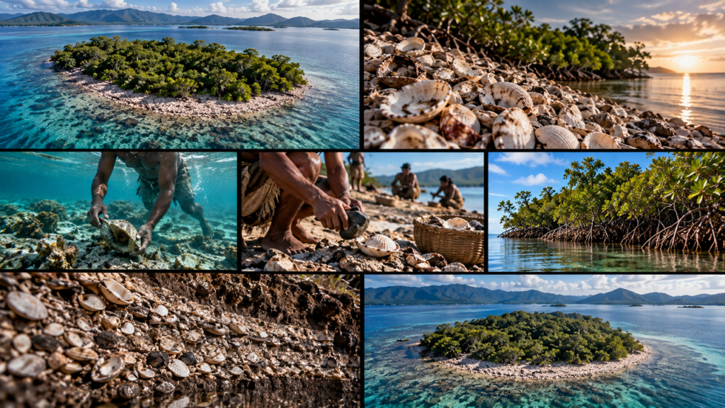 Parece uma ilha comum cercada pela natureza, mas cientistas descobriram que seus 3 mil metros quadrados foram formados por toneladas de conchas acumuladas durante séculos