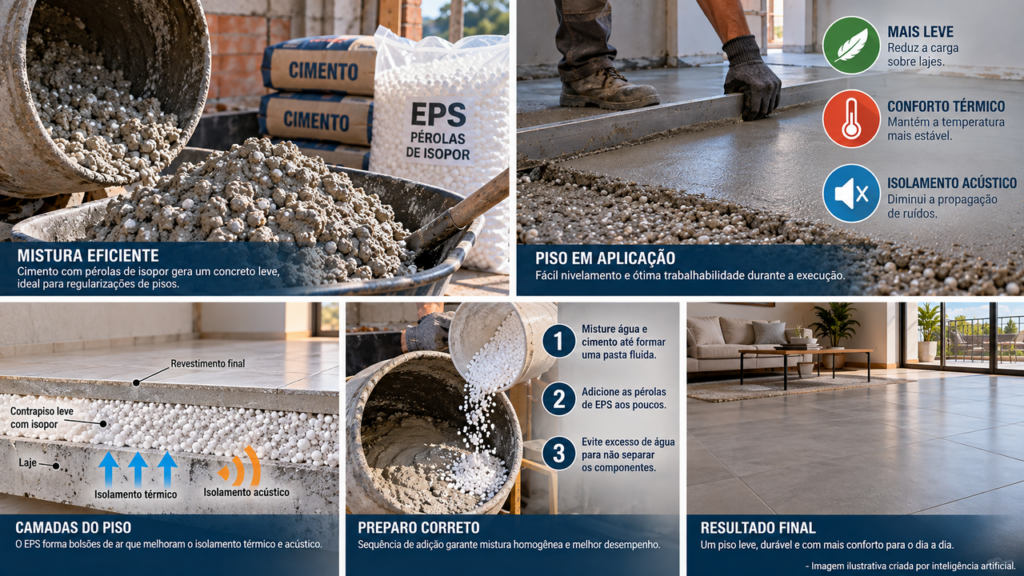 Pedreiros experientes estão misturando isopor ao cimento para deixar o solo mais leve e melhorar o isolamento térmico em diferentes áreas da construção