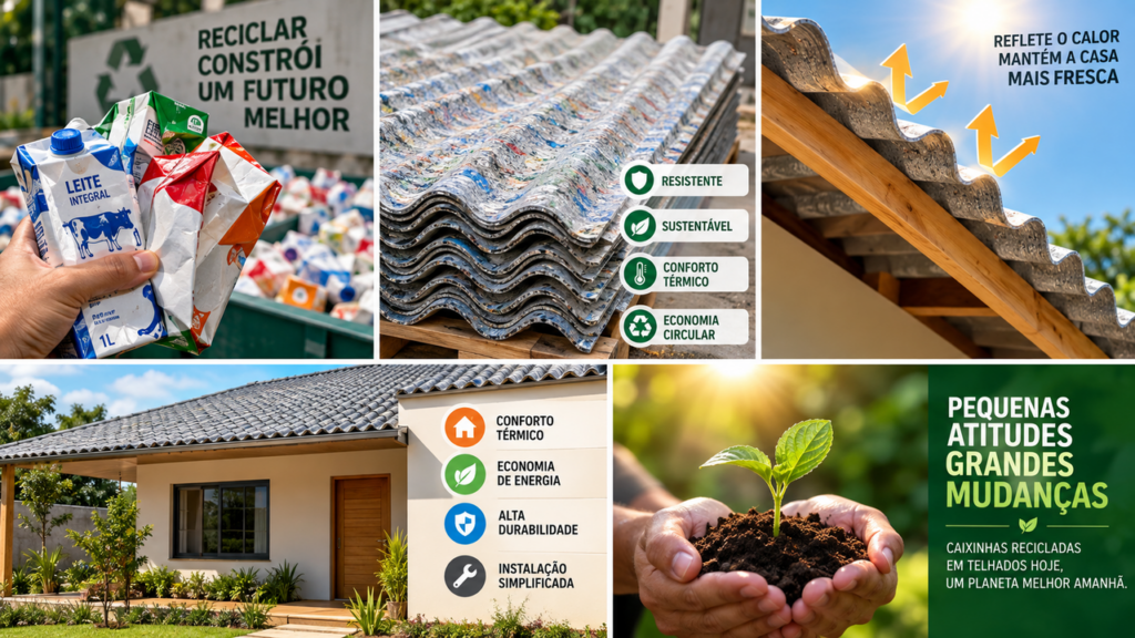 Adeus ao telhado tradicional: caixinhas de leite recicladas estão virando telhas resistentes e podem deixar a casa mais fresca nos dias de calor intenso